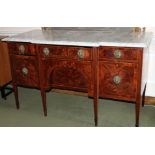 An early 19thC mahogany breakfront sideboard, the veined white marble top above three frieze drawers