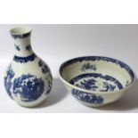 An 18thC blue and white Worcester porcelain bottle and bowl set, in the Oriental manner, decorated