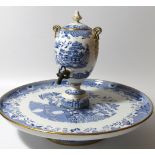 A modern blue and white pottery Lazy Susan centrepiece, the circular body with gilt outline