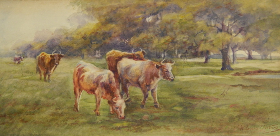 W. Evans Linton (1878-?). Cattle, watercolour, signed, 15.5cm x 33cm. - Image 2 of 3