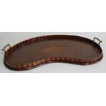 A Sheraton revival mahogany serving tray, of kidney shape, with satinwood floral inlay, 60cm wide.