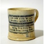 An early 19thC Staffordshire pottery motto tankard, the cylindrical body transfer printed with