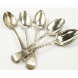 Four George III silver Old English pattern table spoons, London 1810/11 and a George IV spoon,