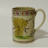 A late 18thC Pearlware God Speed The Plough style tankard, polychrome decorated with an upper floral