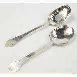 Two white metal trefid spoons, monogrammed and bearing dates for 1727 and 1728, 1.92oz.