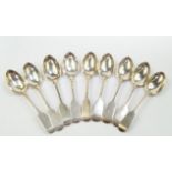A set of five Victorian silver teaspoons, decorated in he Queens pattern, monogram engraved,