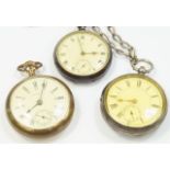 A Waltham gold plated pocket watch, two white metal examples and an Albert, (4).