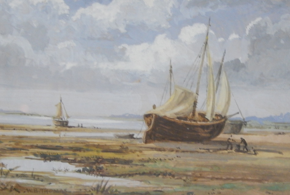 William Bartol Thomas (1877-1947). Masted ship on beach, watercolour, 9.5cm x 14cm. - Image 2 of 3