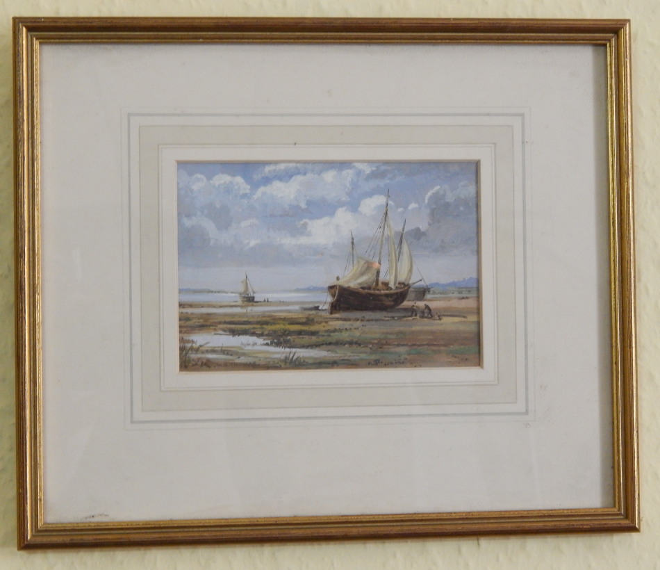 William Bartol Thomas (1877-1947). Masted ship on beach, watercolour, 9.5cm x 14cm.