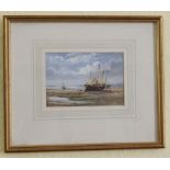 William Bartol Thomas (1877-1947). Masted ship on beach, watercolour, 9.5cm x 14cm.