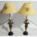 After Franz Bergman. A pair of cold painted table lamps, formed with male figures in green and red