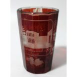 A 19thC Bohemian ruby flash glass beaker, the tapering cylindrical body decorated with leaves and