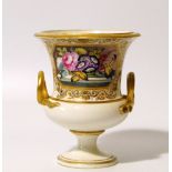 An early 19thC Derby porcelain vase, of campana form, hand painted with panels of flowers with