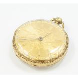 A Victorian 18ct gold cased mid size pocket watch, with engine turned case, gold damascened dial,