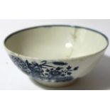 An 18thC blue and white Caughley porcelain slop bowl, the circular body centred to the interior with