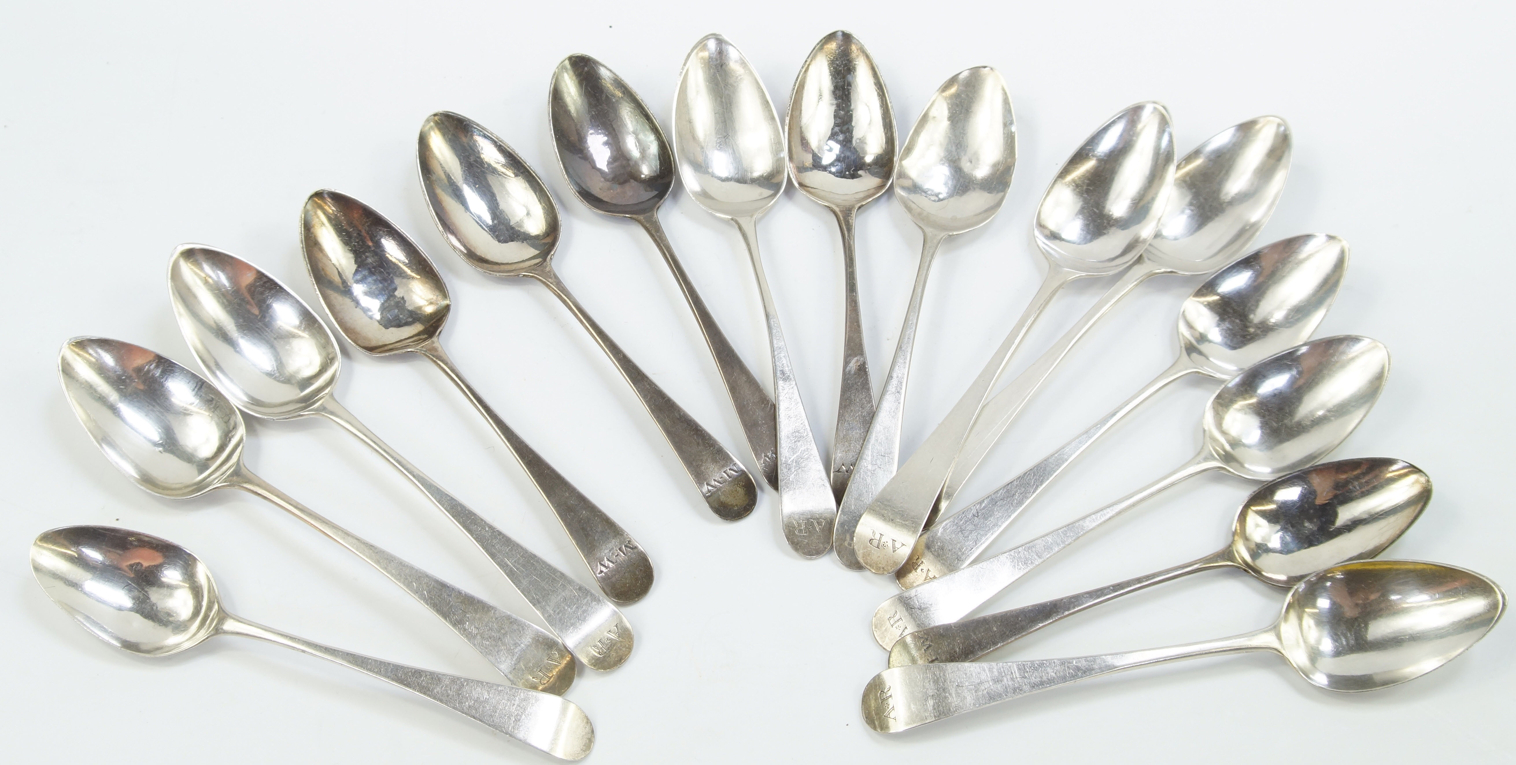 A set of six George III silver teaspoons, decorated in the Old English pattern, initial engraved,
