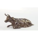 A late 19thC silver novelty snuff box, modelled as a recumbent cow, Berthold Muller, import marks,