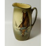 An early 20thC Royal Doulton jug, on cylindrical body transfer printed with boats on calm waters, on