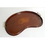 A Sheraton revival mahogany serving tray, of kidney shape, with floral marquetry inlay.