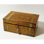 A burr walnut rectangular box, with campaign brasswork, 18cm wide.