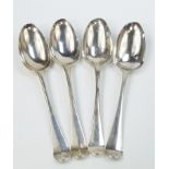 A pair of George II silver table spoons, decorated in the Hanoverian pattern, initial engraved,