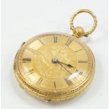 An 18ct gold cased mid size open face pocket watch, key wind with gold damascened dial, black