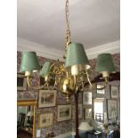 A modern brass electrolier, 3 wall lights and 2 table lamps.