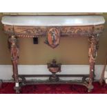 A 19thC gilt gesso console table, with a shaped white marble top above a frieze decorated with