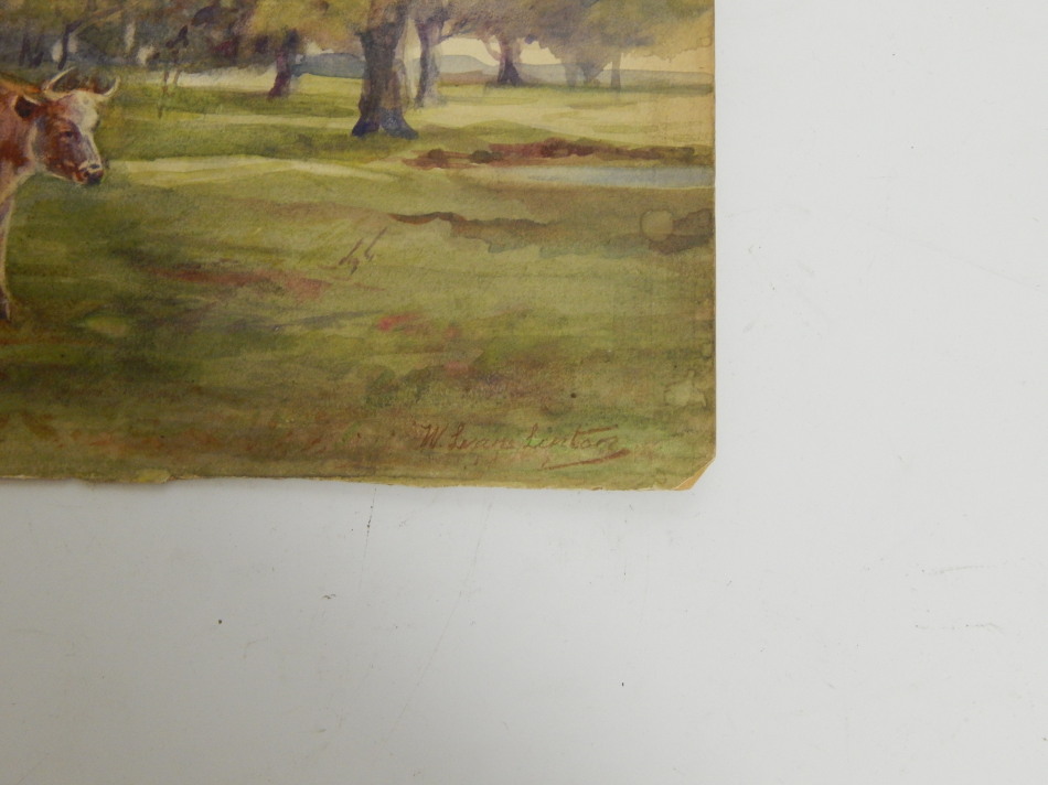 W. Evans Linton (1878-?). Cattle, watercolour, signed, 15.5cm x 33cm. - Image 3 of 3