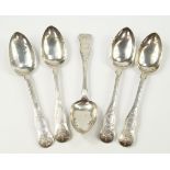 A set of five Victorian Irish silver dessert spoons, embossed for the Horticultural Society of