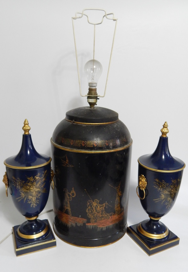 A reproduction Chinoiserie tea canister, formed as a table lamp, together with a pair of similar