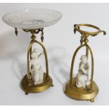 A pair of late Victorian tazzae, formed with ormolu framed base, each having a seated Parianware