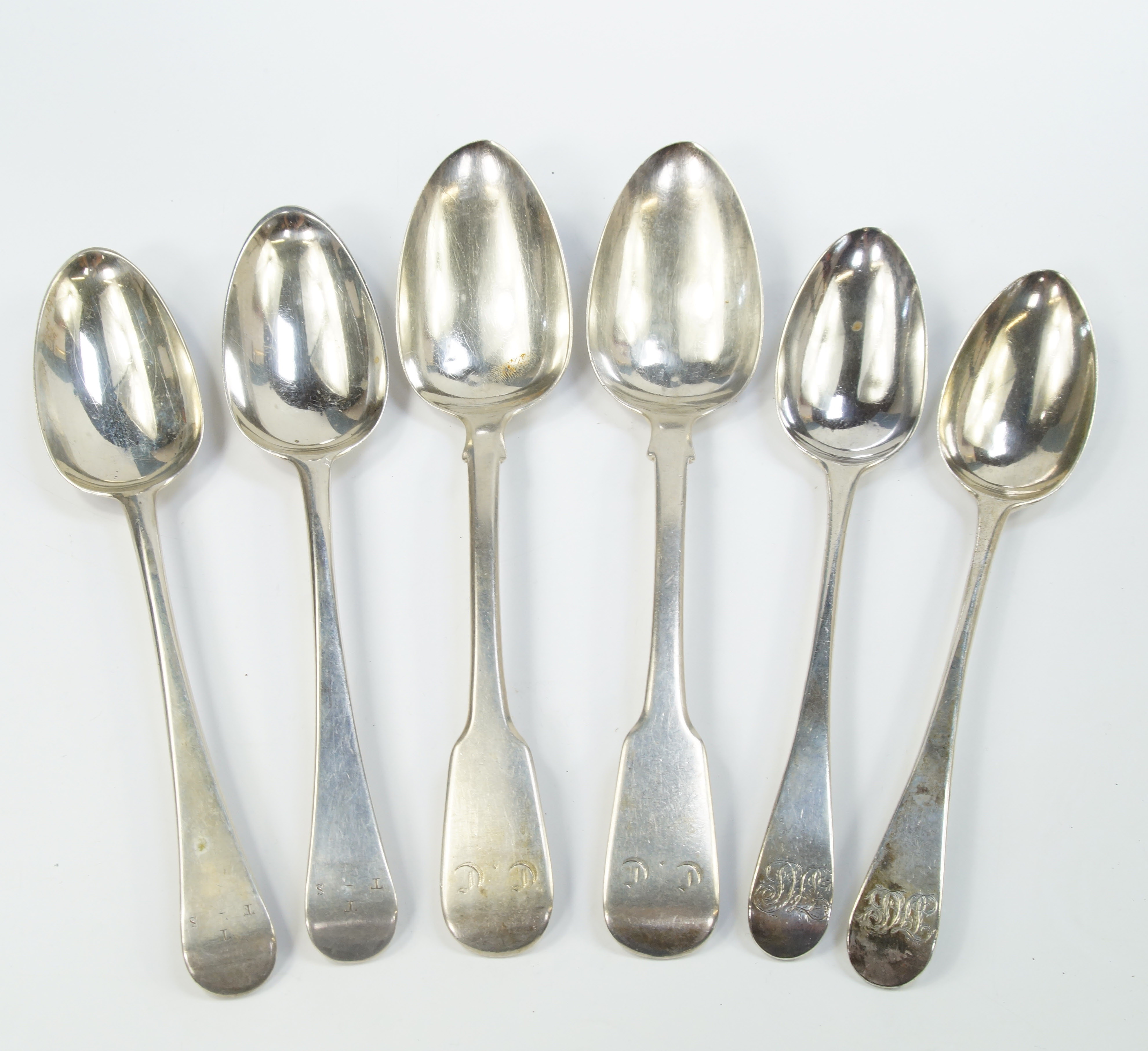 A pair of George III silver tablespoons, decorated in the Old English pattern, monogram engraved,