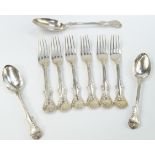 A set of six Victorian silver table forks, decorated in the Victoria pattern, monogram engraved,