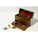A Victorian flamed mahogany apothecary box, with scales to drawer (AF). 25cm high.
