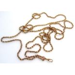 An early 20thC longuard chain, with oval links and plain clasp, yellow metal marked 9c, 144cm