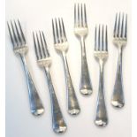 A set of six George III silver table forks, by John Robertson II and John Walton, Old English