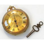 A George V 18ct gold open faced pocket watch, the 4cm dia. dial fitted in an engine turned case with