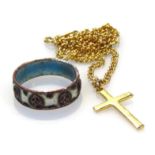 A slender link necklace attached to a cross pendant, 2.5cm high, unmarked yellow metal, 4g all in,