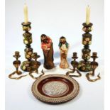 Various oriental wares, etc., to include a 20thC candlestick heavily decorated with flowers on a