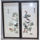 Chinese Qing School. Crane before trees, silkwork, signed and another in colours, silk panels, 124cm