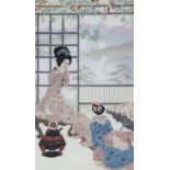 20thC School. Oriental figures in flowing robes before boats and hills, cross stitch embroidery,