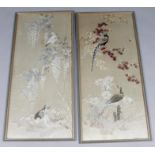 19thC School. Birds on branches, silk work embroidery, unsigned, 123cm x 58cm, and another