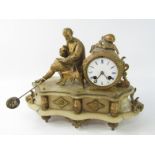 A French late 19thC alabaster and brass mounted clock, barrel case with enamel dial bearing Roman