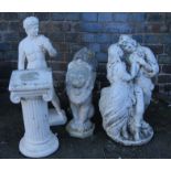 A pair of reconstituted garden lions, 52cm high, Ionic column, 48cm high, figure of David, 74cm