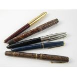 A Watermans No 92 fountain pen, Parker Victory fountain pen, and three further fountain pens, (5).