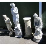 A reconstituted garden column, 63cm high, two figures of Venus 110cm and 79cm high, and a figure