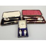 A quantity of cased cutlery, etc, to include silver Christening knife and fork, a pepper pot, etc,