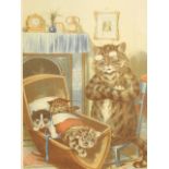 After Louis Wain. Female cat with kittens in a crib, chromolithograph, 50cm x 26cm.