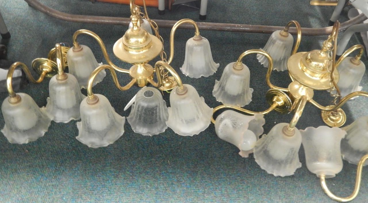 Various modern brass ceiling lights, with frosted glass shades, 39cm high, etc. (3)